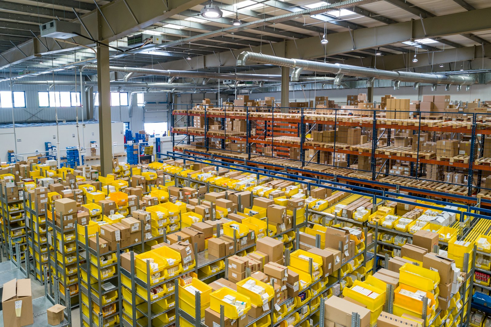 High-capacity warehouse holding finished goods ready for dispatch