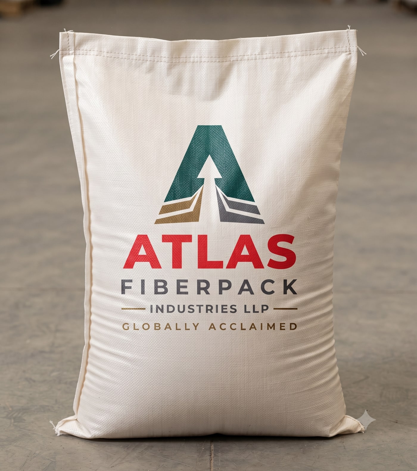 PP woven sack in natural white, printed with the Atlas company logo