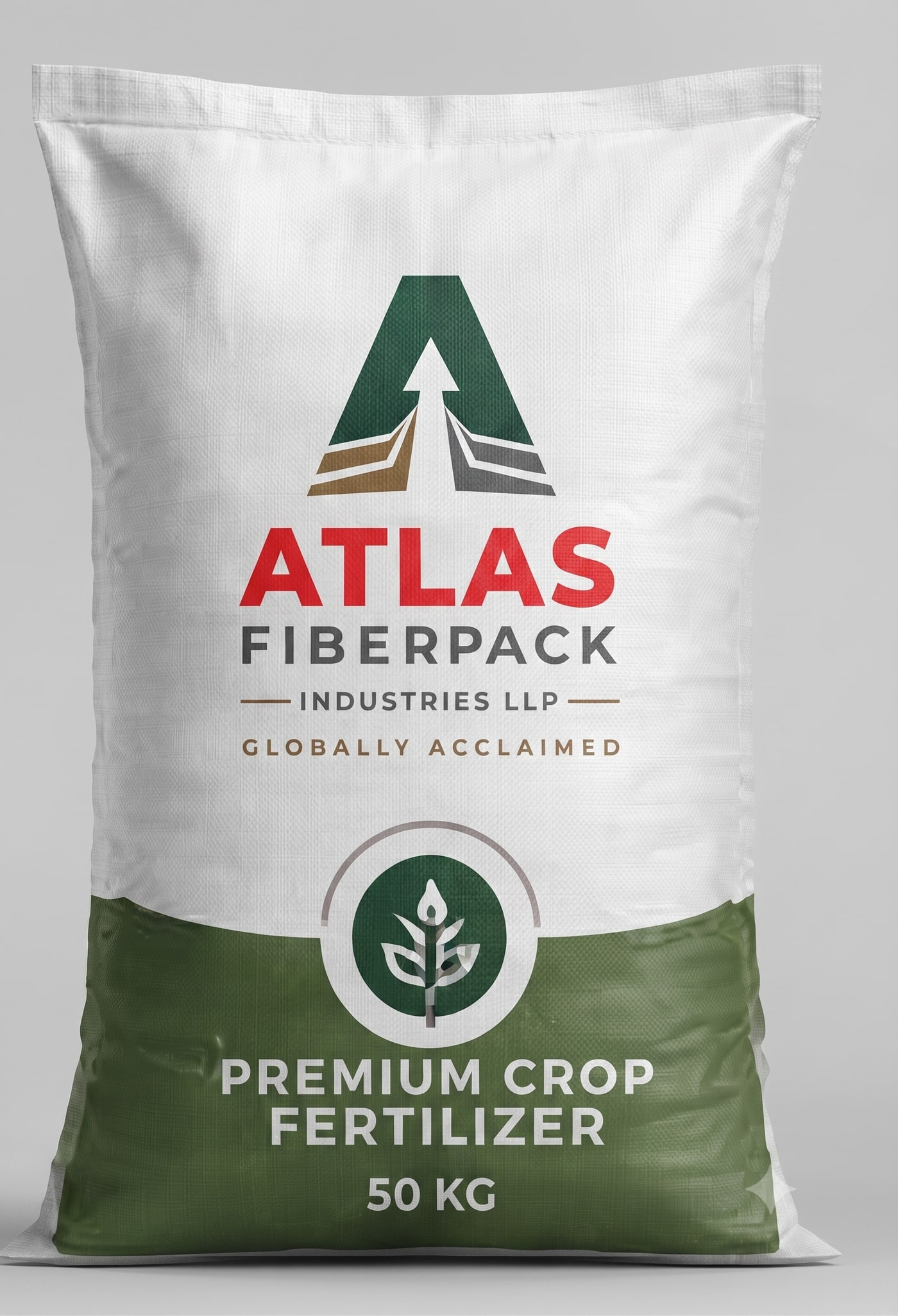 Printed 50 kg crop fertilizer bag in white and olive green